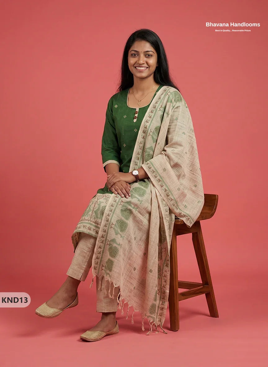 Designer Printed Cotton Floral 3PC Kurti Set in Bottle Green Colour | Full-Length Lining | Ready-to-Wear