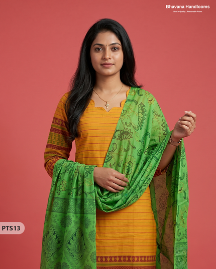 Jacquard 3PC Kurti Set in Mustard Yellow Colour with Designer Green Printed Dupatta and Elastic Bottom | Ready to Wear