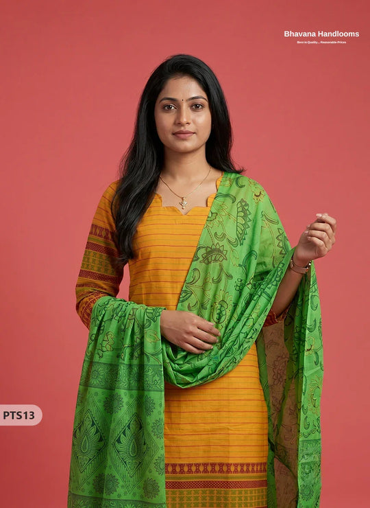 Jacquard 3PC Kurti Set in Mustard Yellow Colour with Designer Green Printed Dupatta and Elastic Bottom | Ready to Wear