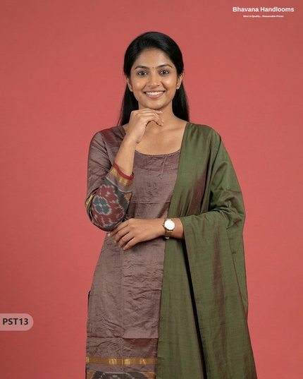 Pochampally Semi Pattu 3PC Kurti Set in Dark Brown Colour | Ready-to-Wear Ethnic Wear