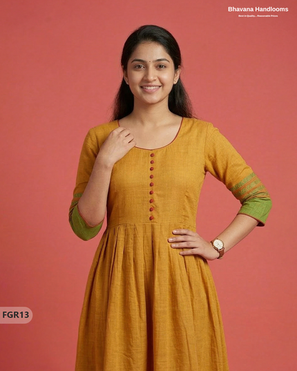 Summer Special Premium Cotton Handloom Frock with Woven Design | Yellow Colour