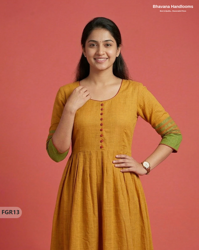 Summer Special Premium Cotton Handloom Frock with Woven Design | Yellow Colour