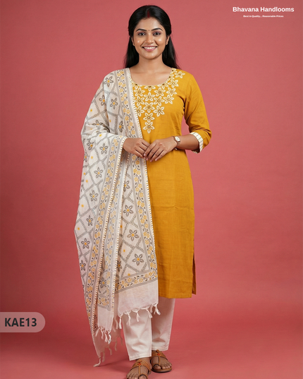 Readymade Cotton Kurti Set in Yellow with Mirror Finishing Design