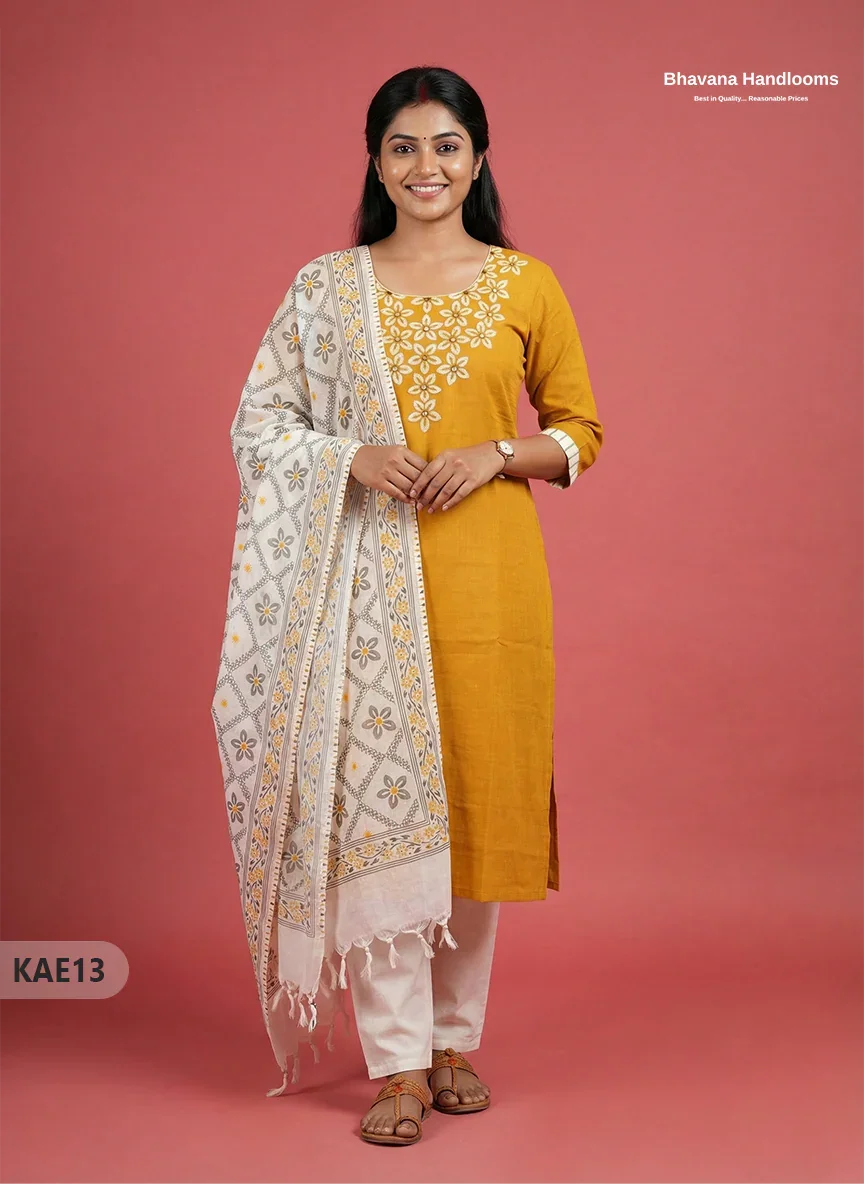 Readymade Cotton Kurti Set in Yellow with Mirror Finishing Design