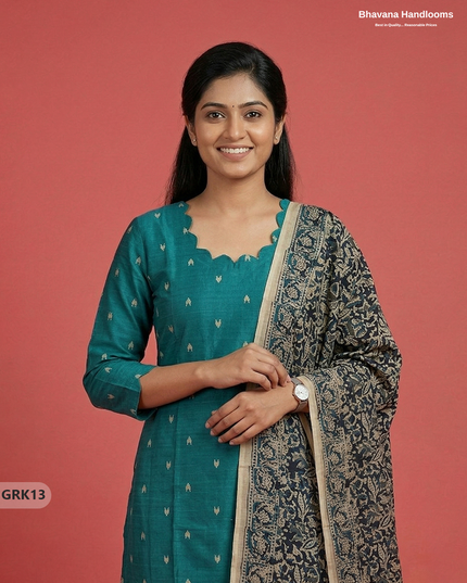 Raw Silk 3PC Kurti Set with Kalamkari Dupatta & Elastic Bottom in Green Colour | Ethnic Wear