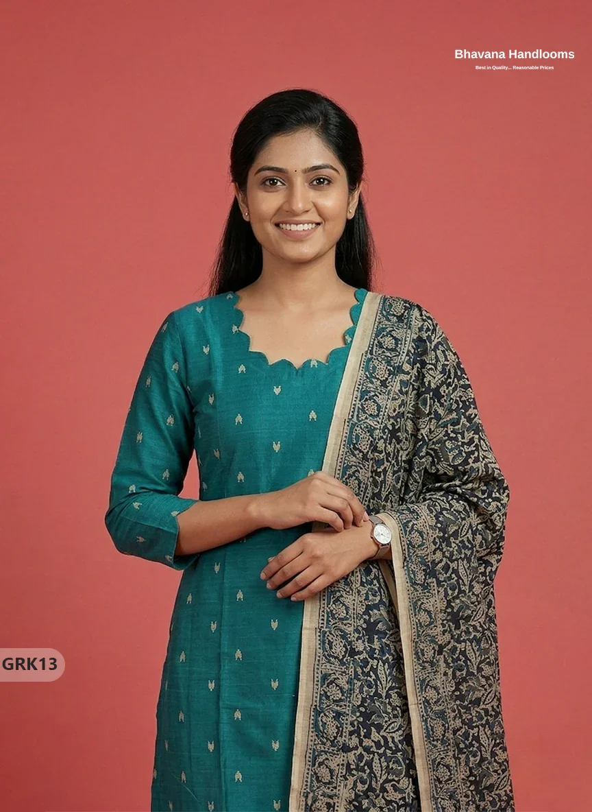 Raw Silk 3PC Kurti Set with Kalamkari Dupatta & Elastic Bottom in Green Colour | Ethnic Wear
