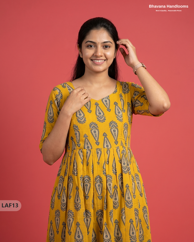 Feeding Frock with Kalamkari Design – Yellow Color | Invisible Zips | Half Lining Maternity Wear