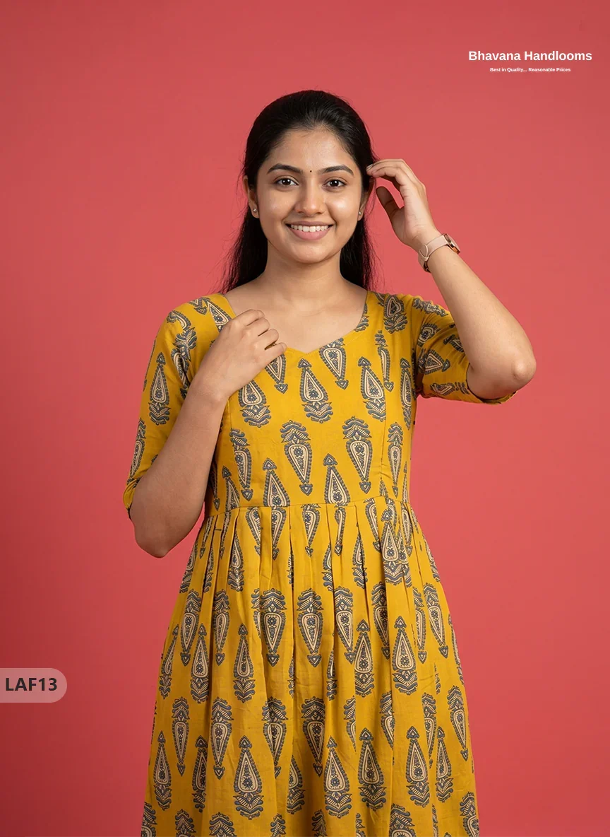Feeding Frock with Kalamkari Design – Yellow Color | Invisible Zips | Half Lining Maternity Wear