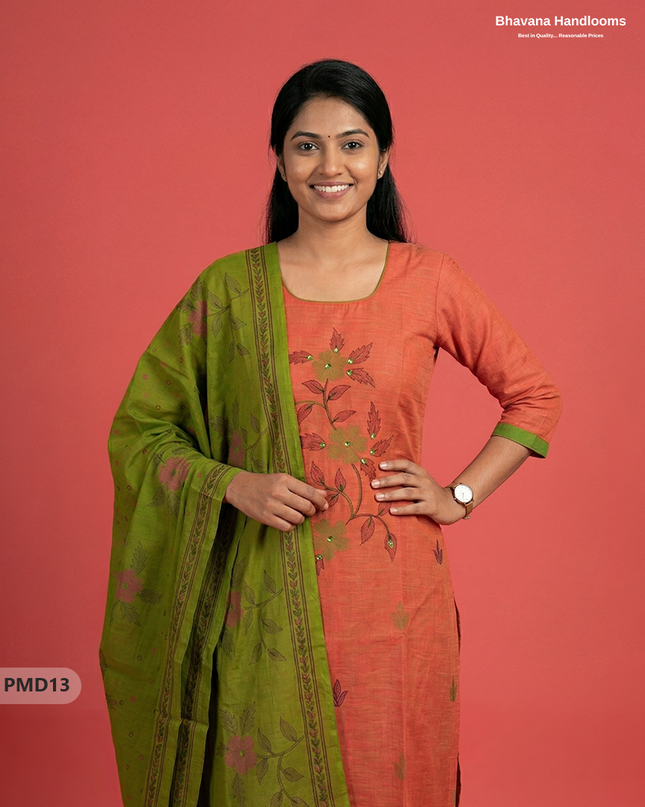Ready-to-Wear Floral Print 3PC Kurti Set with Mirror Work | Orange colour