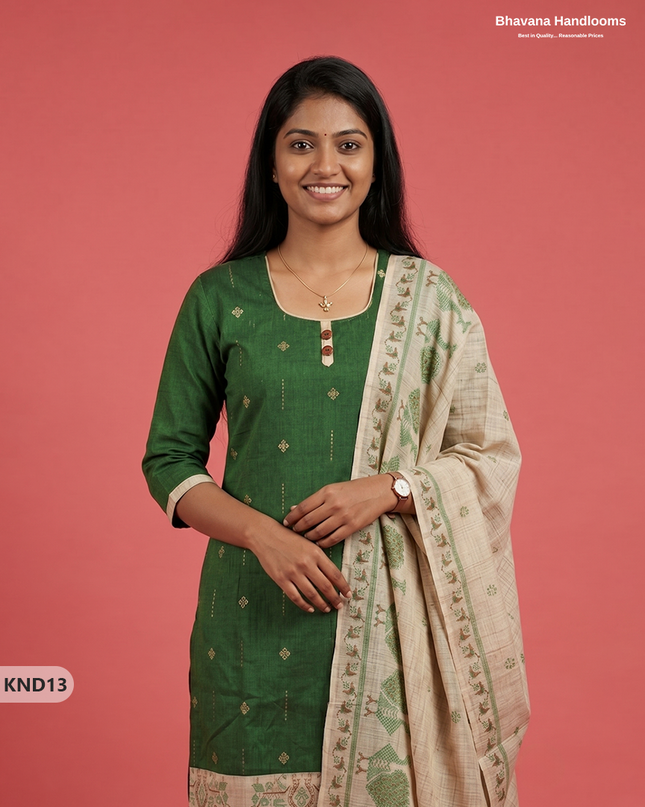 Designer Printed Cotton Floral 3PC Kurti Set in Bottle Green Colour | Full-Length Lining | Ready-to-Wear
