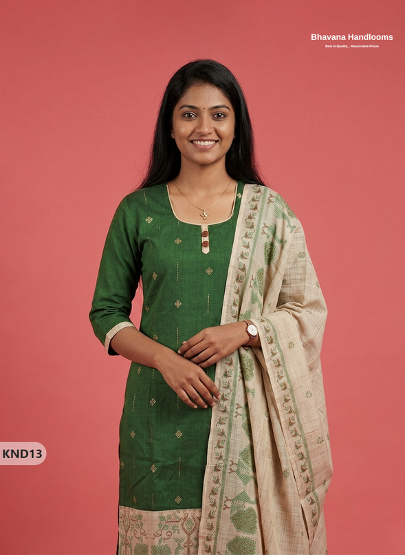 Designer Printed Cotton Floral 3PC Kurti Set in Bottle Green Colour | Full-Length Lining | Ready-to-Wear