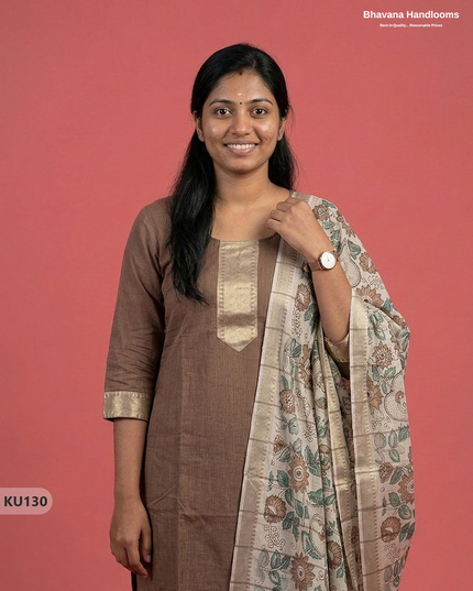 Premium Mangalagiri 3PC Kurti Set with Zari Border in Brown | Ready-to-Wear