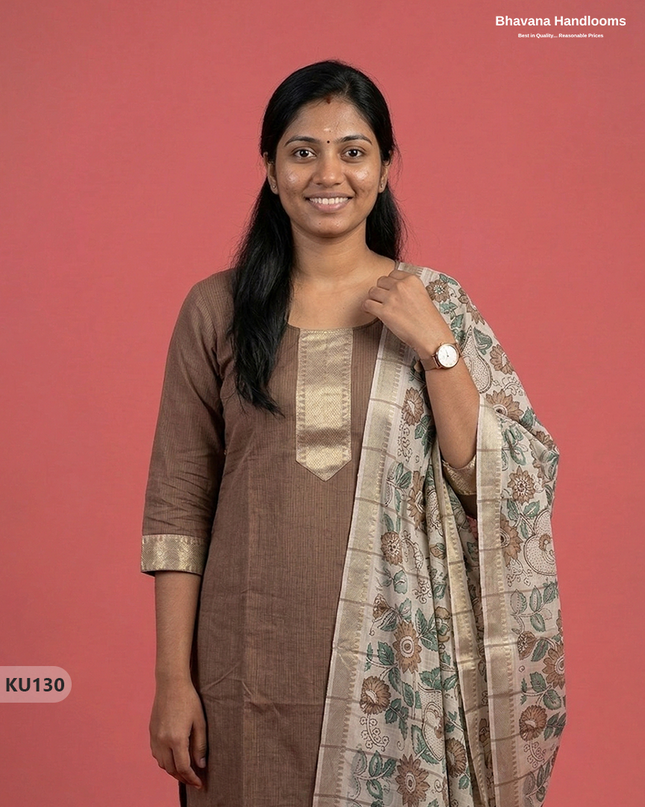Premium Mangalagiri 3PC Kurti Set with Zari Border in Brown | Ready-to-Wear
