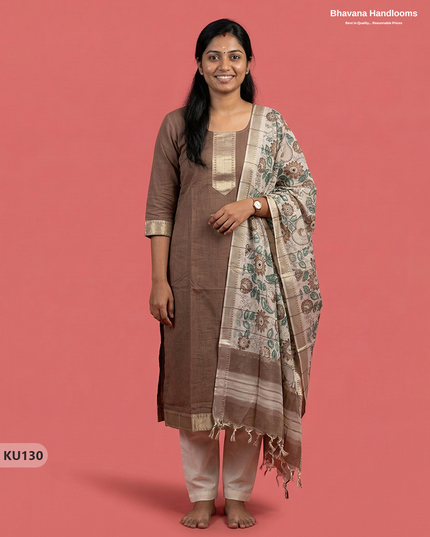 Premium Mangalagiri 3PC Kurti Set with Zari Border in Brown | Ready-to-Wear