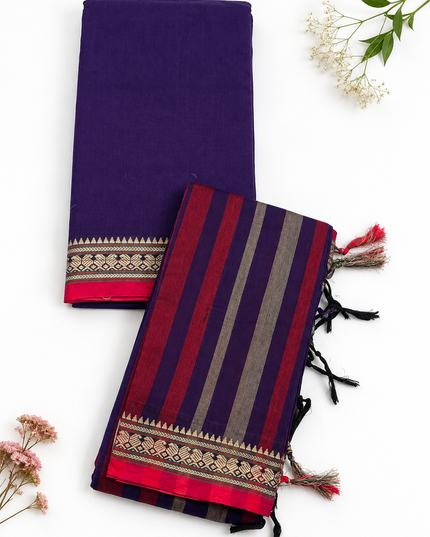 Traditional Wear Narayanpet Mercerised Cotton Dress Material with Deep Purple Colour | Woven Border