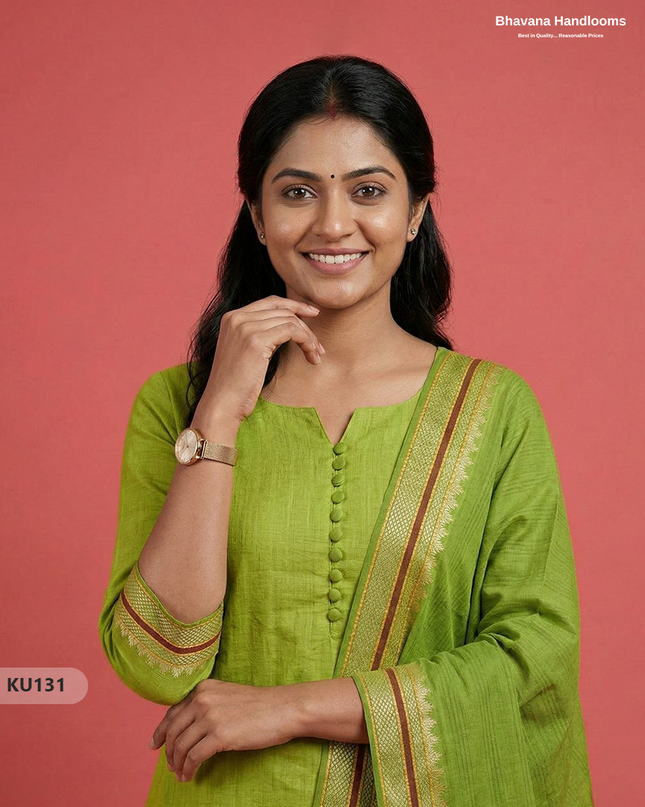 Mangalagiri Cotton 3PC Kurti Set in Parrot Green Colour with Full Lining