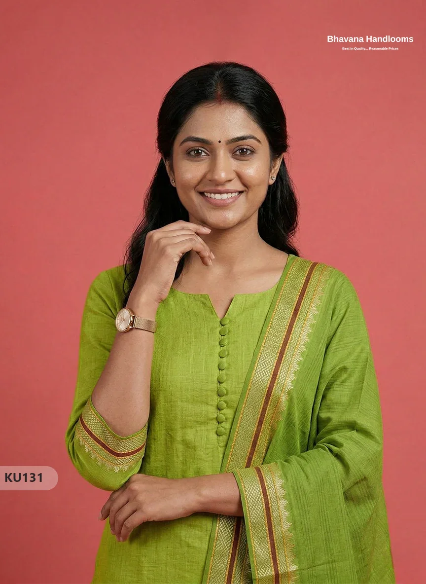 Mangalagiri Cotton 3PC Kurti Set in Parrot Green Colour with Full Lining