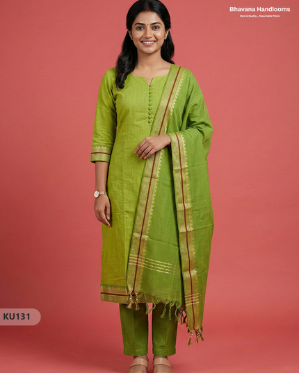 Mangalagiri Cotton 3PC Kurti Set in Parrot Green Colour with Full Lining