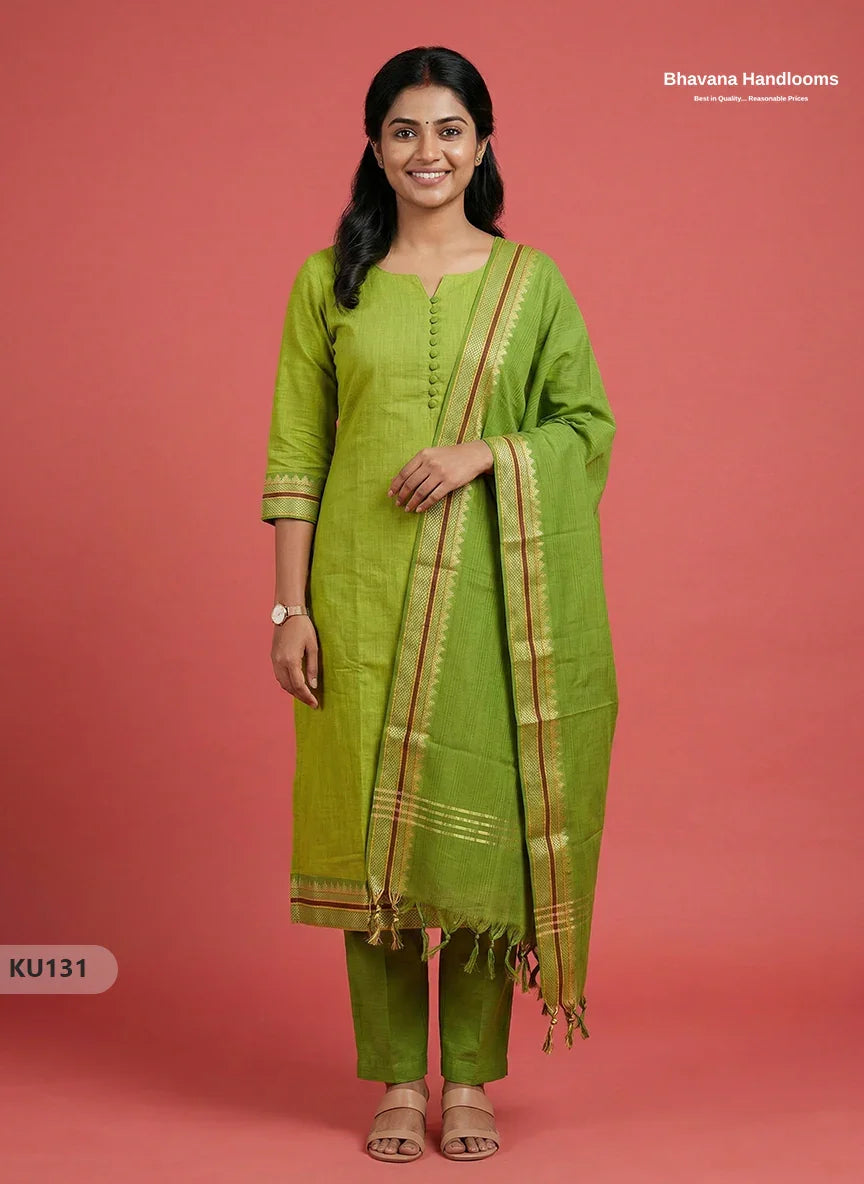 Mangalagiri Cotton 3PC Kurti Set in Parrot Green Colour with Full Lining