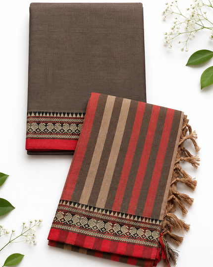 Traditional Wear Narayanpet Mercerised Cotton Dress Material with Coffee Brown Colour | Woven Border