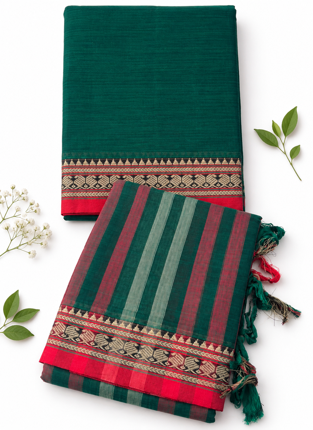 Traditional Narayanpet Mercerised Cotton Dress Material in Dark Teal Green | Red Woven Border