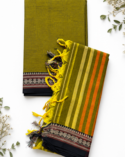 Traditional Wear Narayanpet Mercerised Cotton Dress Material with Olive Green Colour | Woven Border