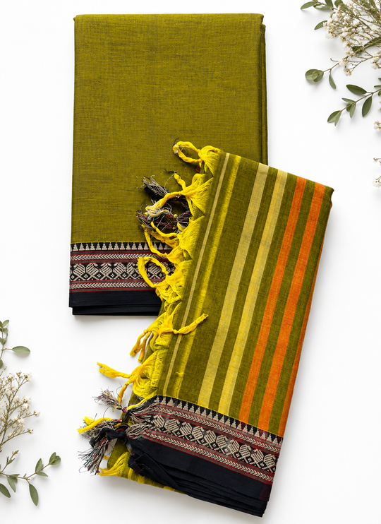Traditional Wear Narayanpet Mercerised Cotton Dress Material with Olive Green Colour | Woven Border