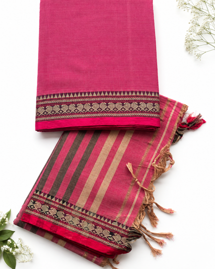 Traditional Wear Narayanpet Mercerised Cotton Dress Material with Rani Pink Colour | Woven Border