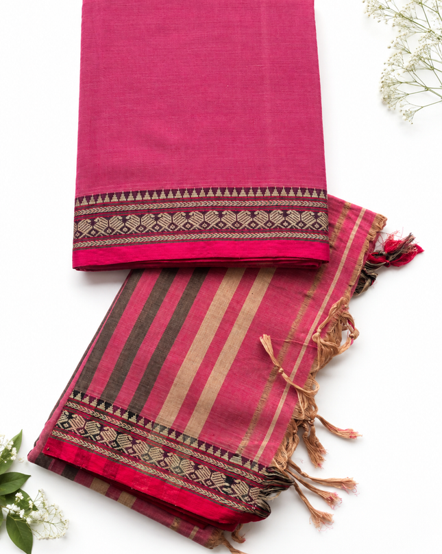 Traditional Wear Narayanpet Mercerised Cotton Dress Material with Rani Pink Colour | Woven Border