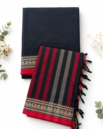 Traditional Wear Narayanpet Mercerised Cotton Dress Material with Navy Blue Colour | Woven Border