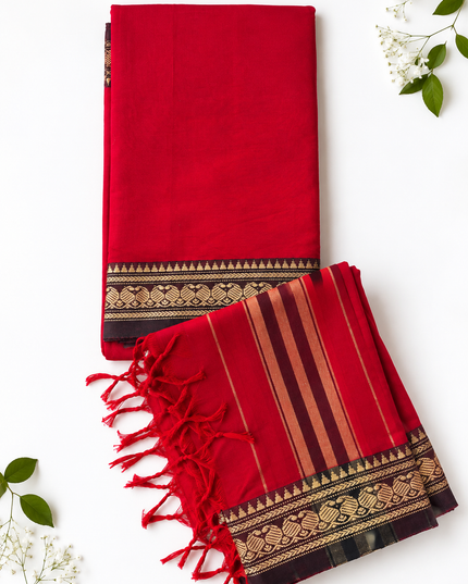 Traditional Wear Narayanpet Mercerised Cotton Dress Material with Cherry Red Colour | Woven Border