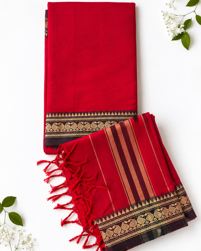 Traditional Wear Narayanpet Mercerised Cotton Dress Material with Cherry Red Colour | Woven Border