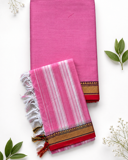 Traditional Wear Narayanpet Mercerised Cotton Dress Material with Rose Pink Colour | Woven Border