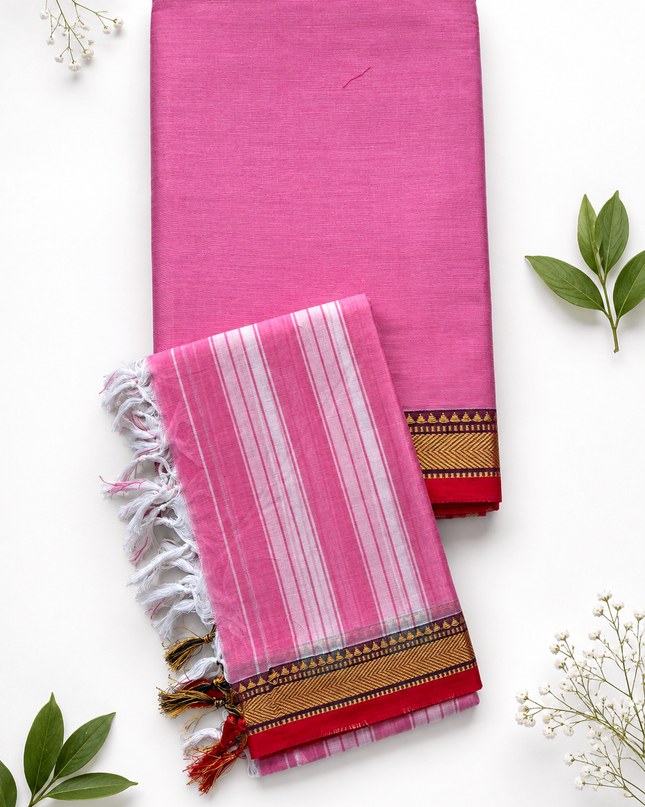 Traditional Wear Narayanpet Mercerised Cotton Dress Material with Rose Pink Colour | Woven Border