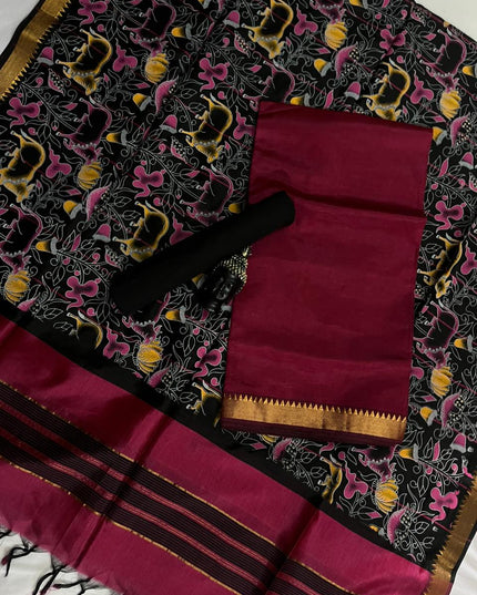 Mangalagiri Semi Pattu Dress Material with Zari Border – Red Colour