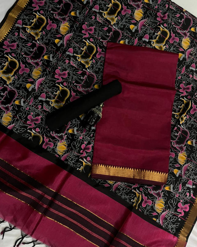 Mangalagiri Semi Pattu Dress Material with Zari Border – Red Colour