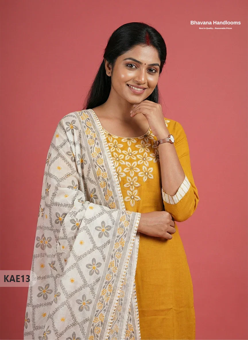 Readymade Cotton Kurti Set in Yellow with Mirror Finishing Design