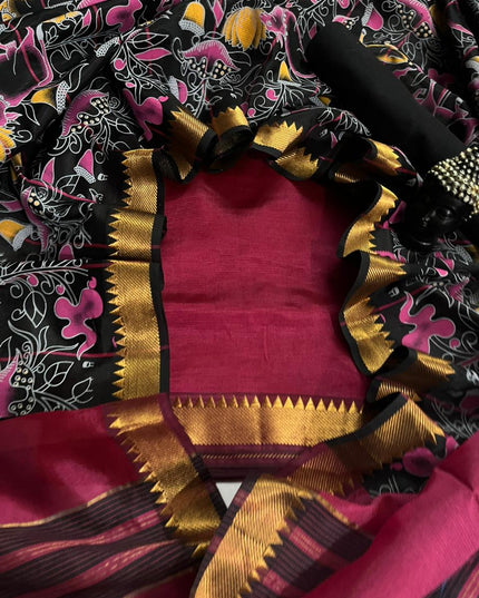 Mangalagiri Semi Pattu Dress Material with Zari Border – Red Colour