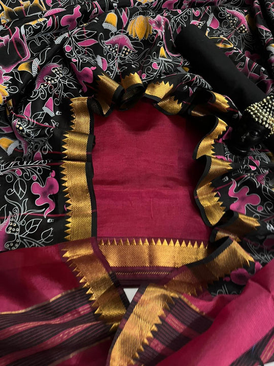 Mangalagiri Semi Pattu Dress Material with Zari Border – Red Colour