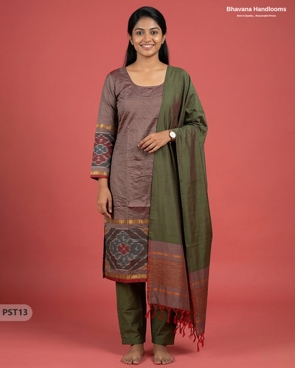 Pochampally Semi Pattu 3PC Kurti Set in Dark Brown Colour | Ready-to-Wear Ethnic Wear