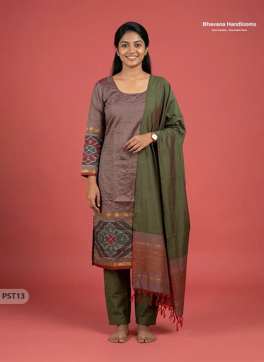 Pochampally Semi Pattu 3PC Kurti Set in Dark Brown Colour | Ready-to-Wear Ethnic Wear