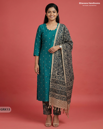 Raw Silk 3PC Kurti Set with Kalamkari Dupatta & Elastic Bottom in Green Colour | Ethnic Wear