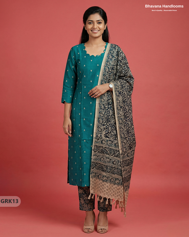 Raw Silk 3PC Kurti Set with Kalamkari Dupatta & Elastic Bottom in Green Colour | Ethnic Wear