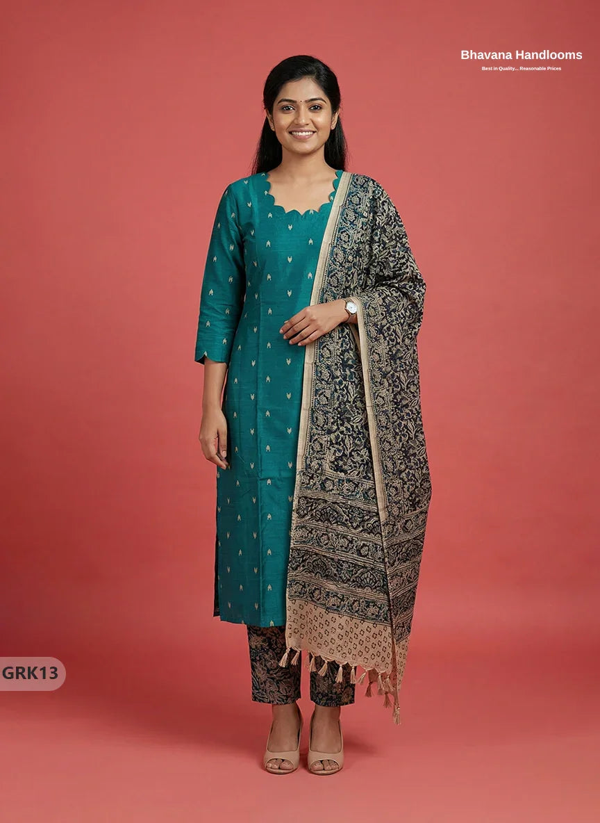 Raw Silk 3PC Kurti Set with Kalamkari Dupatta & Elastic Bottom in Green Colour | Ethnic Wear