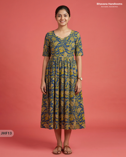 Kalamkari Design Frock – Blue & Yellow Colour | Handloom Ethnic Wear with Half Lining