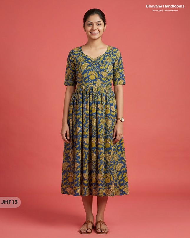 Kalamkari Design Frock – Blue & Yellow Colour | Handloom Ethnic Wear with Half Lining