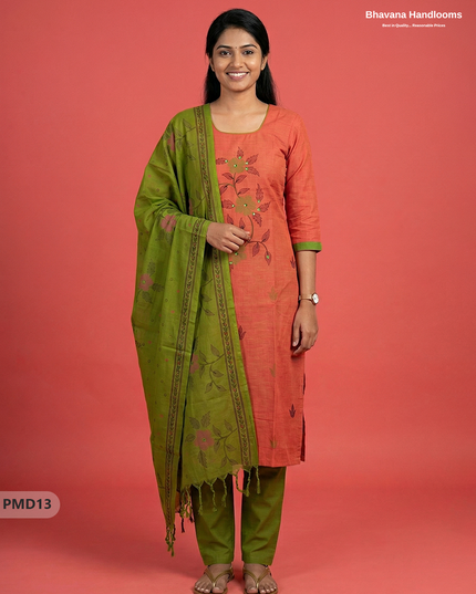 Ready-to-Wear Floral Print 3PC Kurti Set with Mirror Work | Orange colour