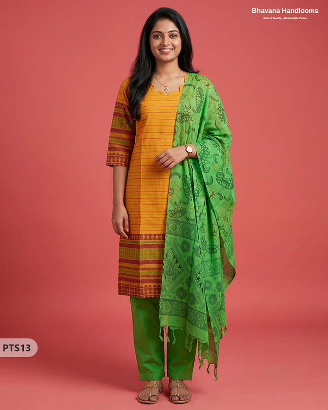 Jacquard 3PC Kurti Set in Mustard Yellow Colour with Designer Green Printed Dupatta and Elastic Bottom | Ready to Wear