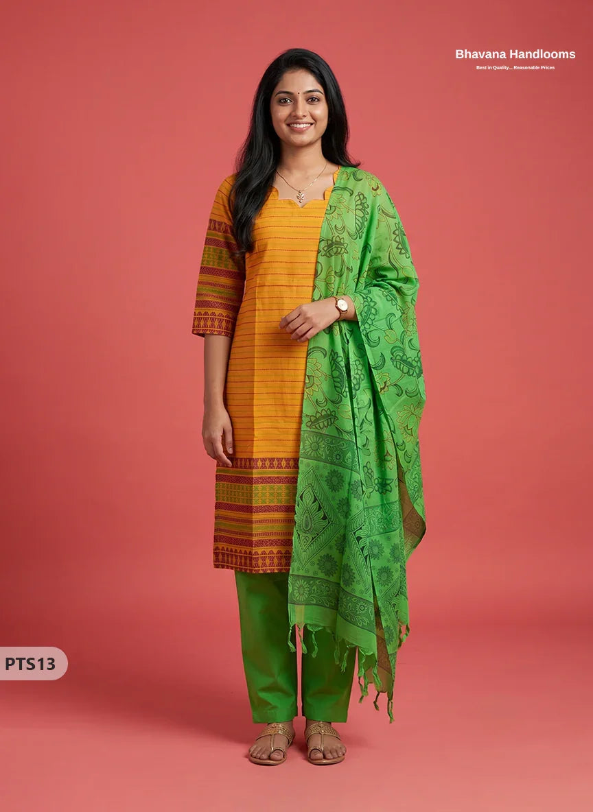 Jacquard 3PC Kurti Set in Mustard Yellow Colour with Designer Green Printed Dupatta and Elastic Bottom | Ready to Wear
