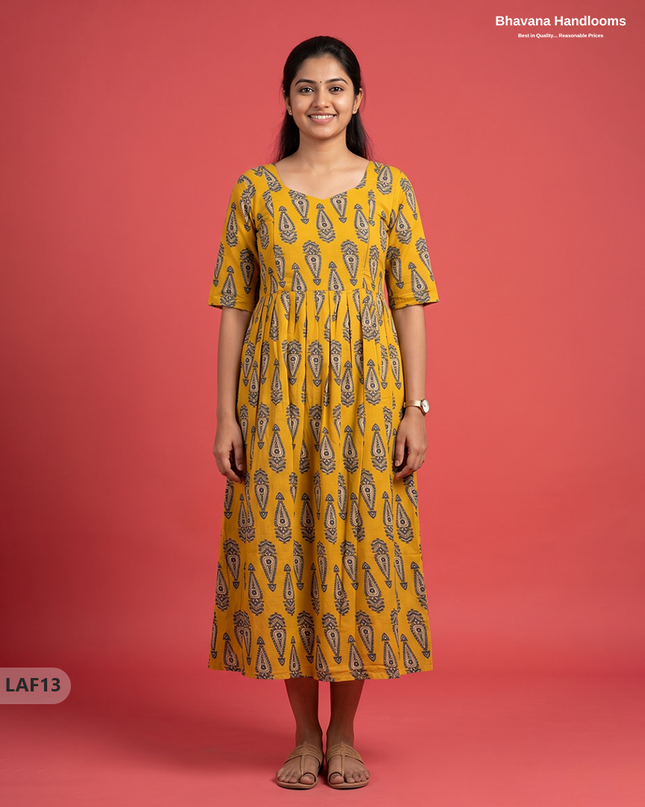 Feeding Frock with Kalamkari Design – Yellow Color | Invisible Zips | Half Lining Maternity Wear